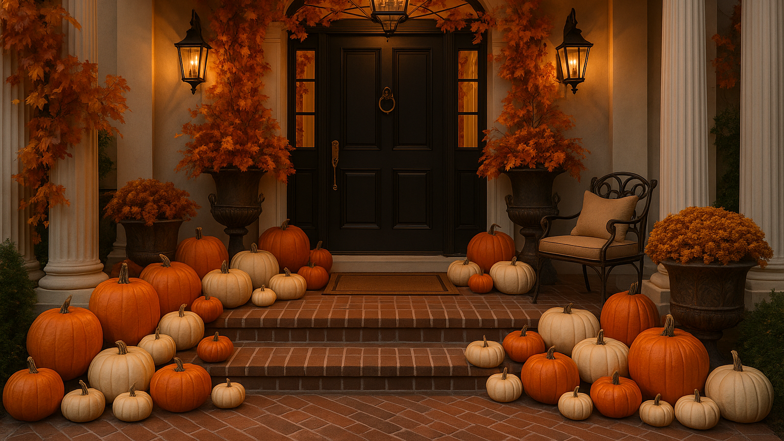 porch decorated for fall with lots of pumpkins luxury